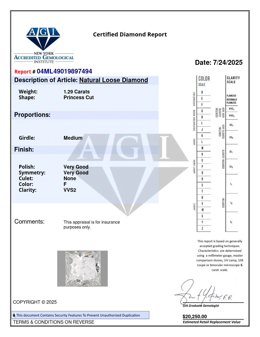 Natural Mined Diamond 1.29 Carat Cert. AGI Princess Loose F color VVS2 clarity