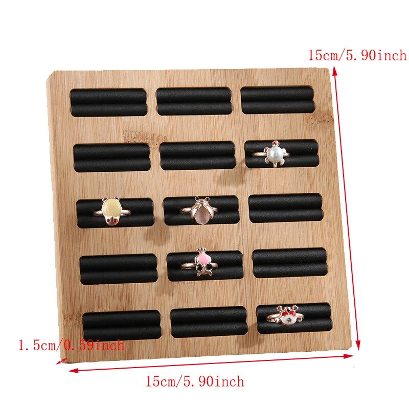 Bamboo 15 Grid Rings Storage Tray Jewelry Display Rack Organizer Shelf Showcase