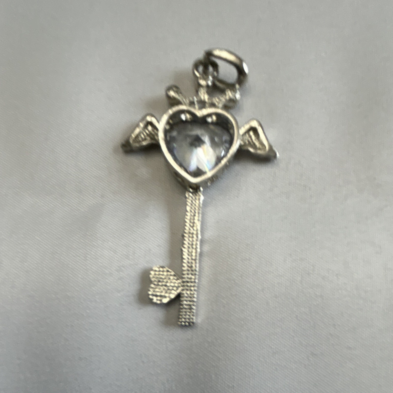 Silver Tone Angel Wing Key Charm Pendant Heart Clear Crystal Stone, Metal