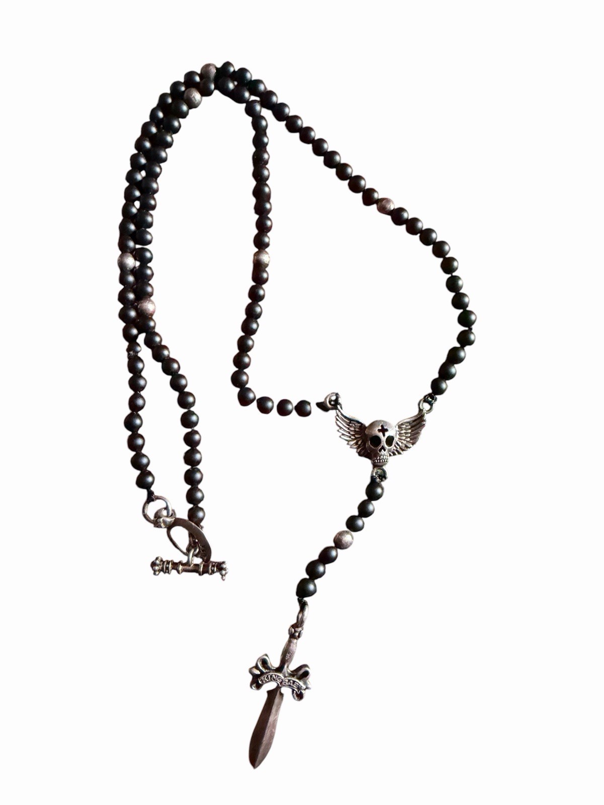 King Baby USA 925 Sterling Silver Skull Wing & Dagger Beaded Necklace