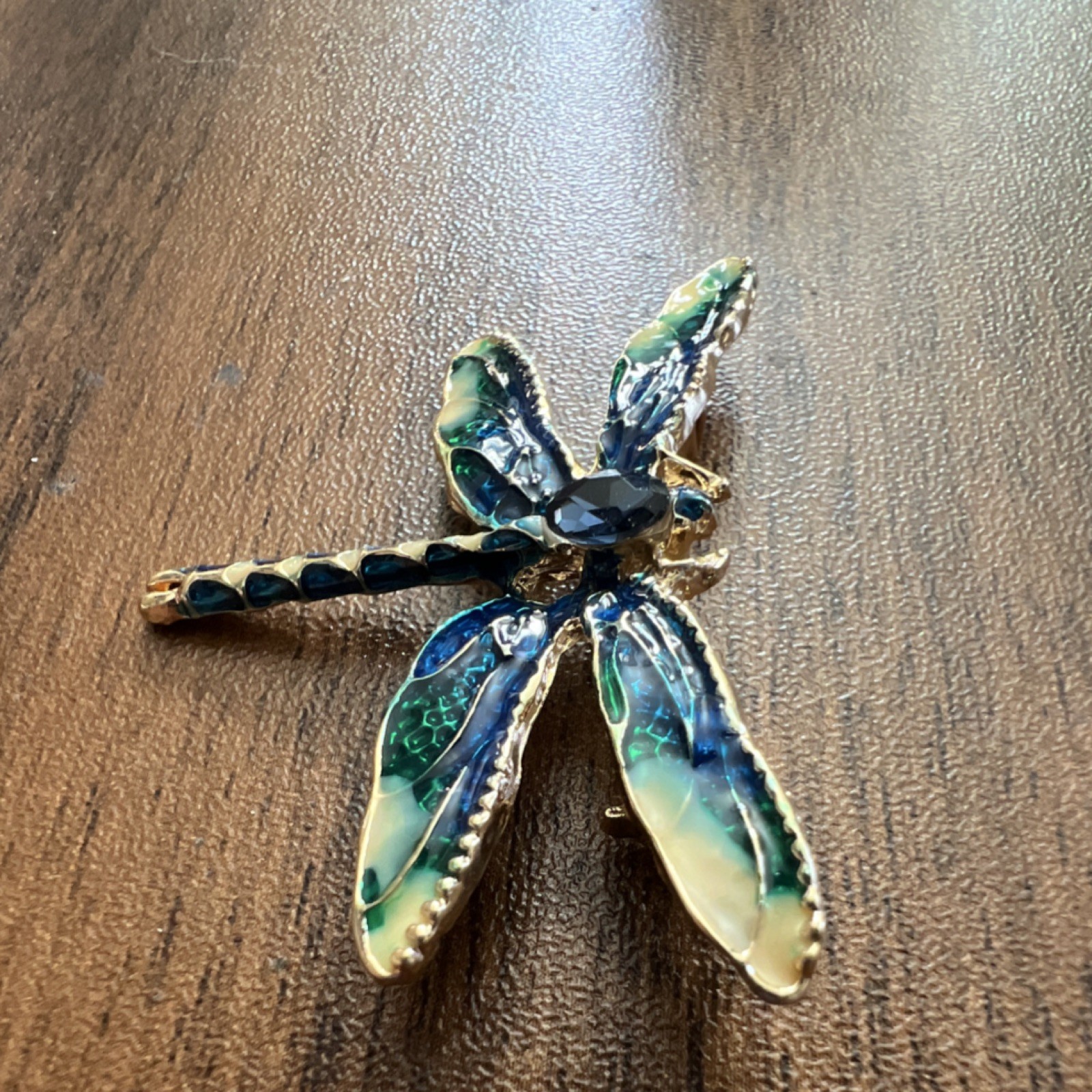 Dragonfly Brooch, Blue Green Gold Enamel Metal, Glass Oval Stone, 2 Inch