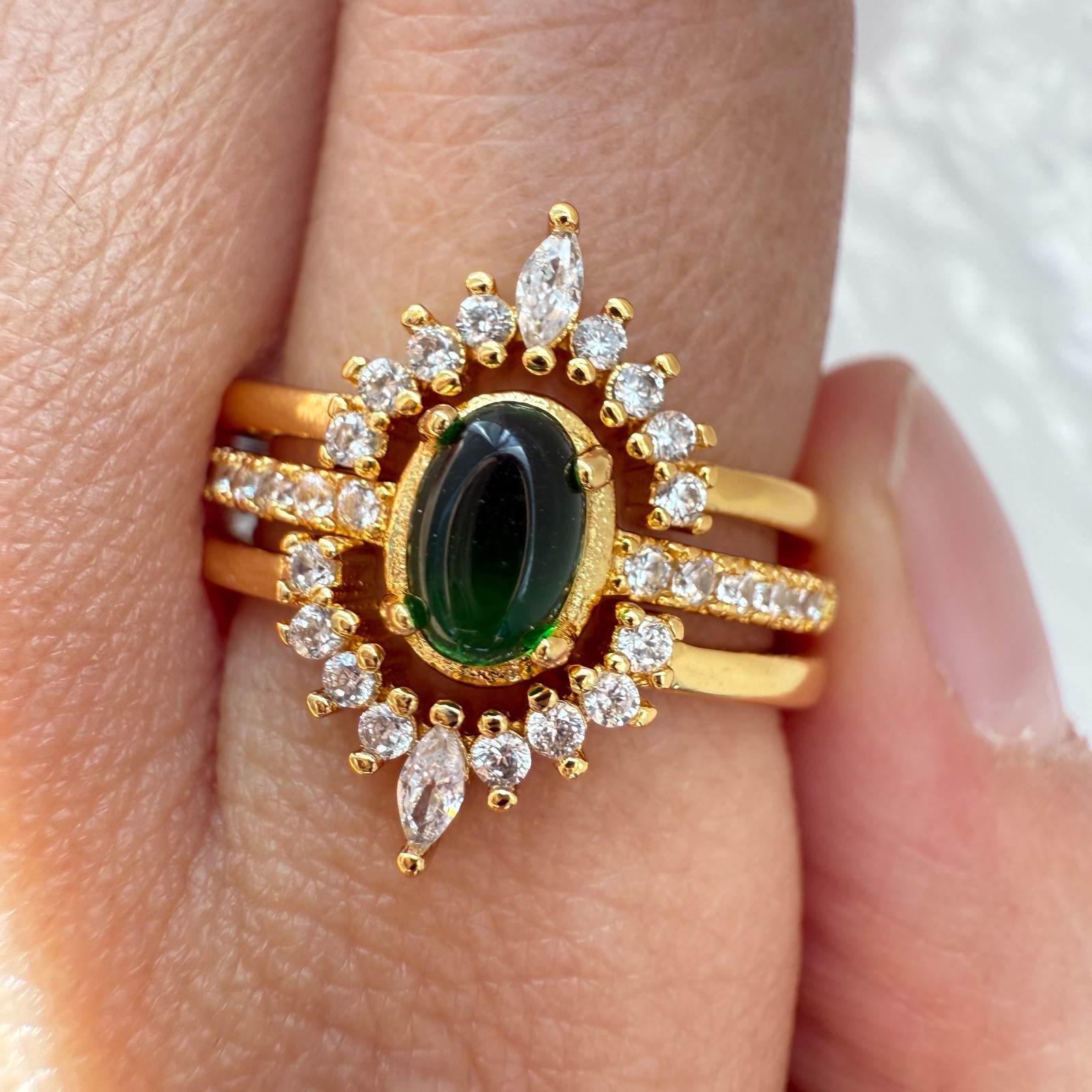 925 Sterling Silver Ring 3in1 6x4mm Green Natural Emerald Gemstone Zircon Flower