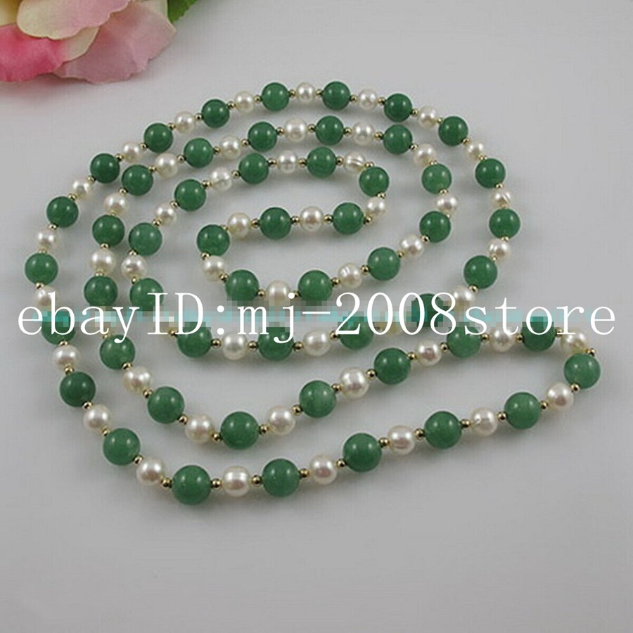 Long 16″18″ 20″22″24″ 36″ Natural 8mm Green Jade 7-8MM White Pearl Necklace AAA