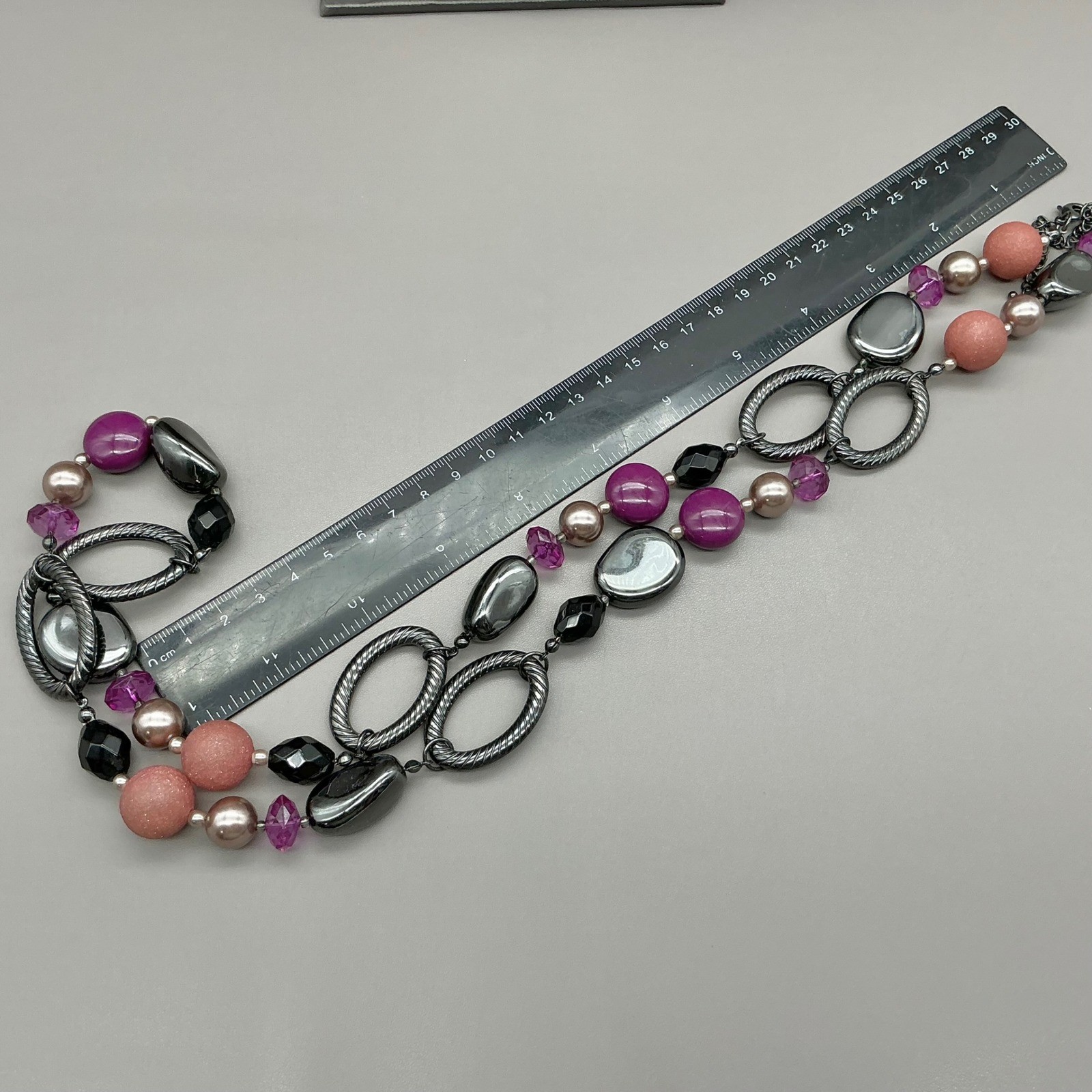 Premier Designs Necklace Purple Beaded Gunmetal Tone Twisted Link Long 26 Inch