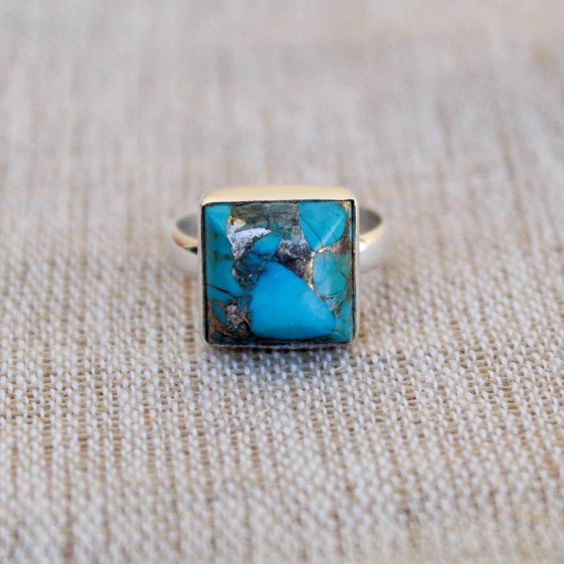 Sterling 925 Silver Blue Copper Turquoise Square Shaped Women Handmade Ring