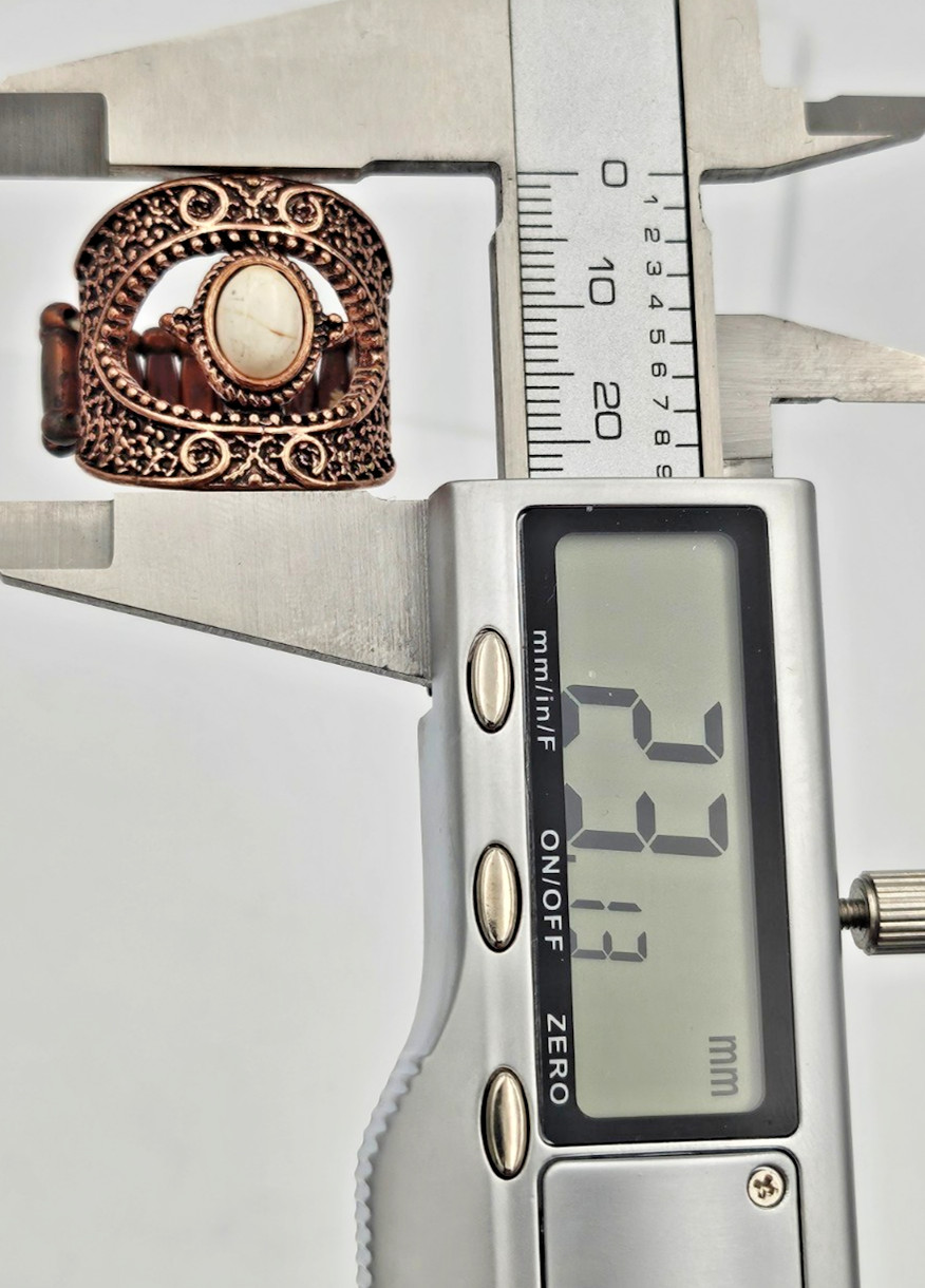 Boho Antique Copper Tone Stretch Ring White Faux Stone Filigree Size 8