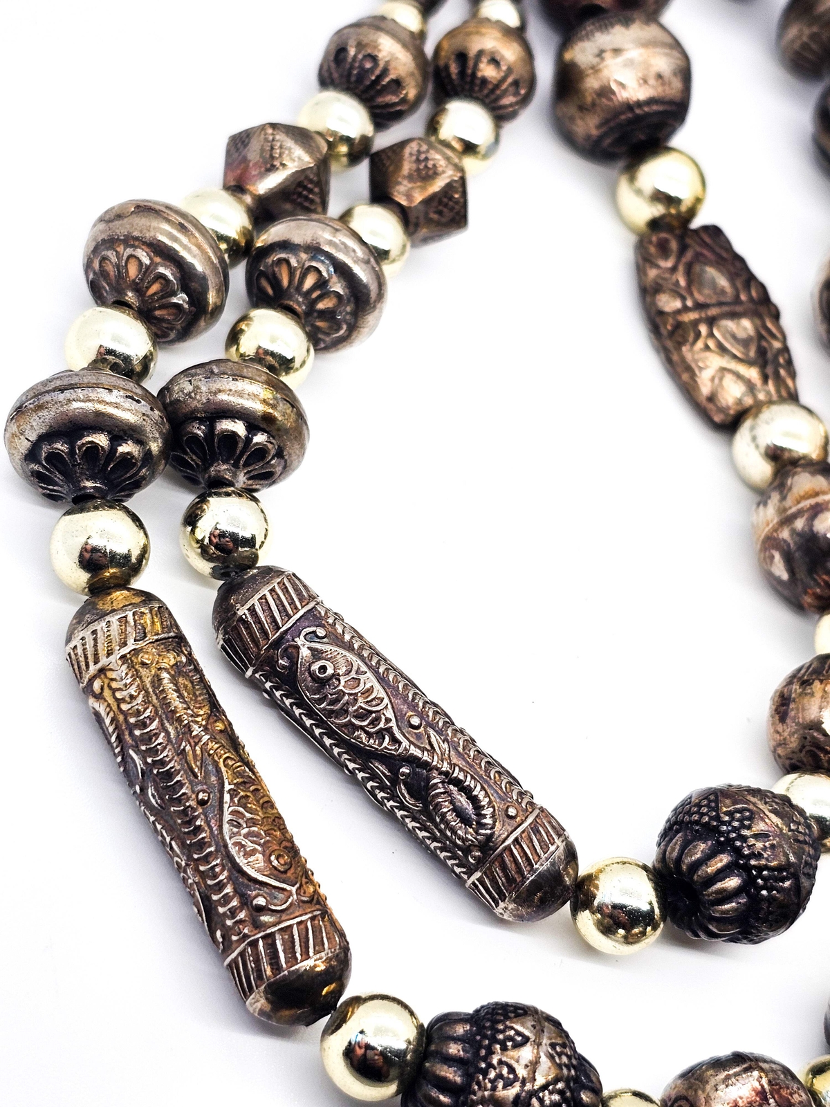 Debi Tana silver toned artisan bench beaded long vintage necklace