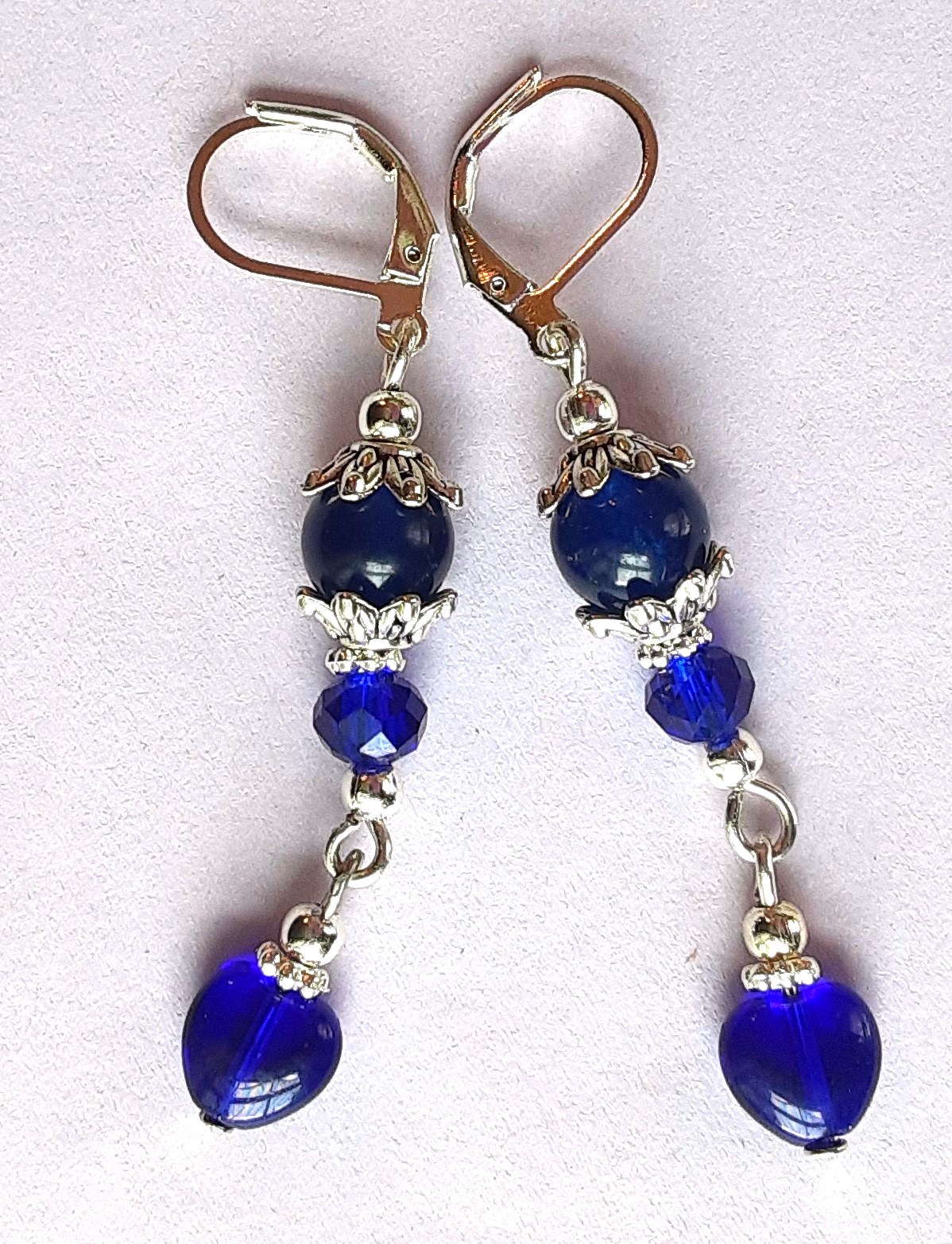 COBALT BLUE JADE & CZECH HEART DANGLE earring SP LEVER BACK artisan #612