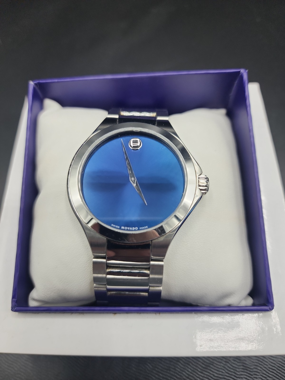Movado Stainless Steel Defio Men’s Blue Museum Dial Dress Watch new battery