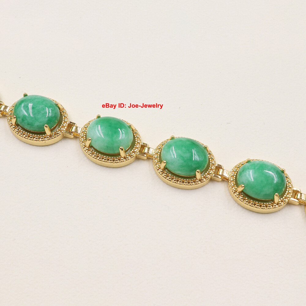 Elegant Heated Green Jade 13MM Oval Bead Gold Plated Alloy Link Bracelet 7.48″L