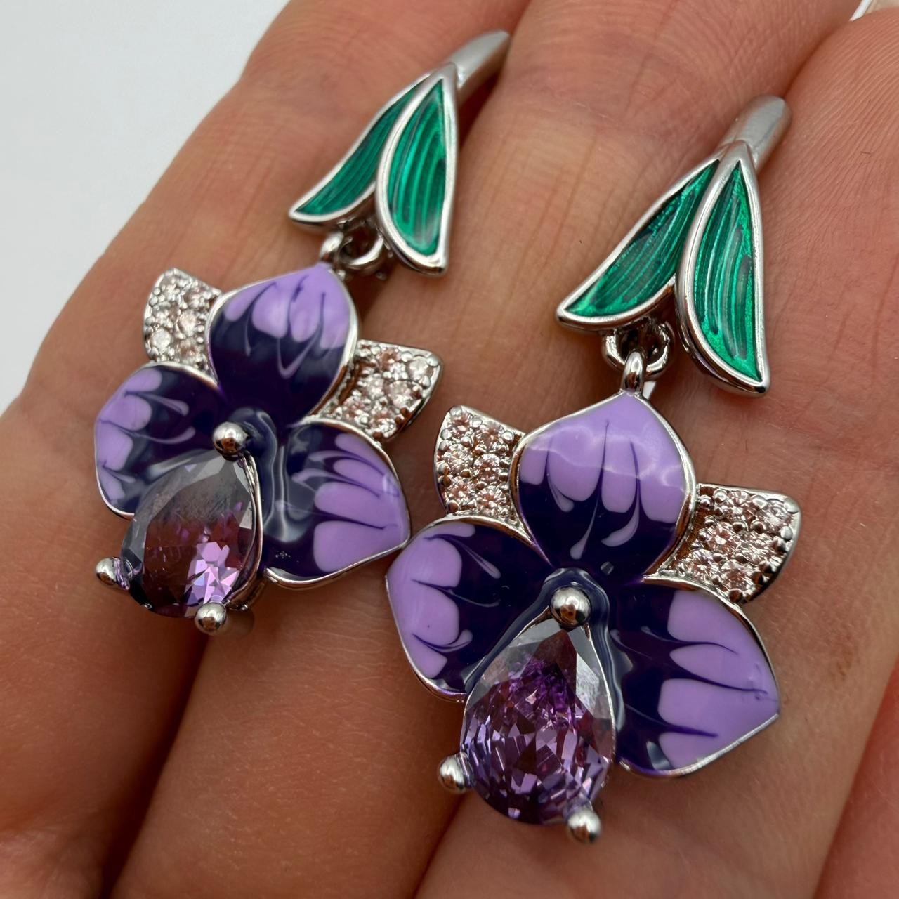 925 Sterling Silver Purple Flower Crystal Dangle Drop Earrings Women Jewelry