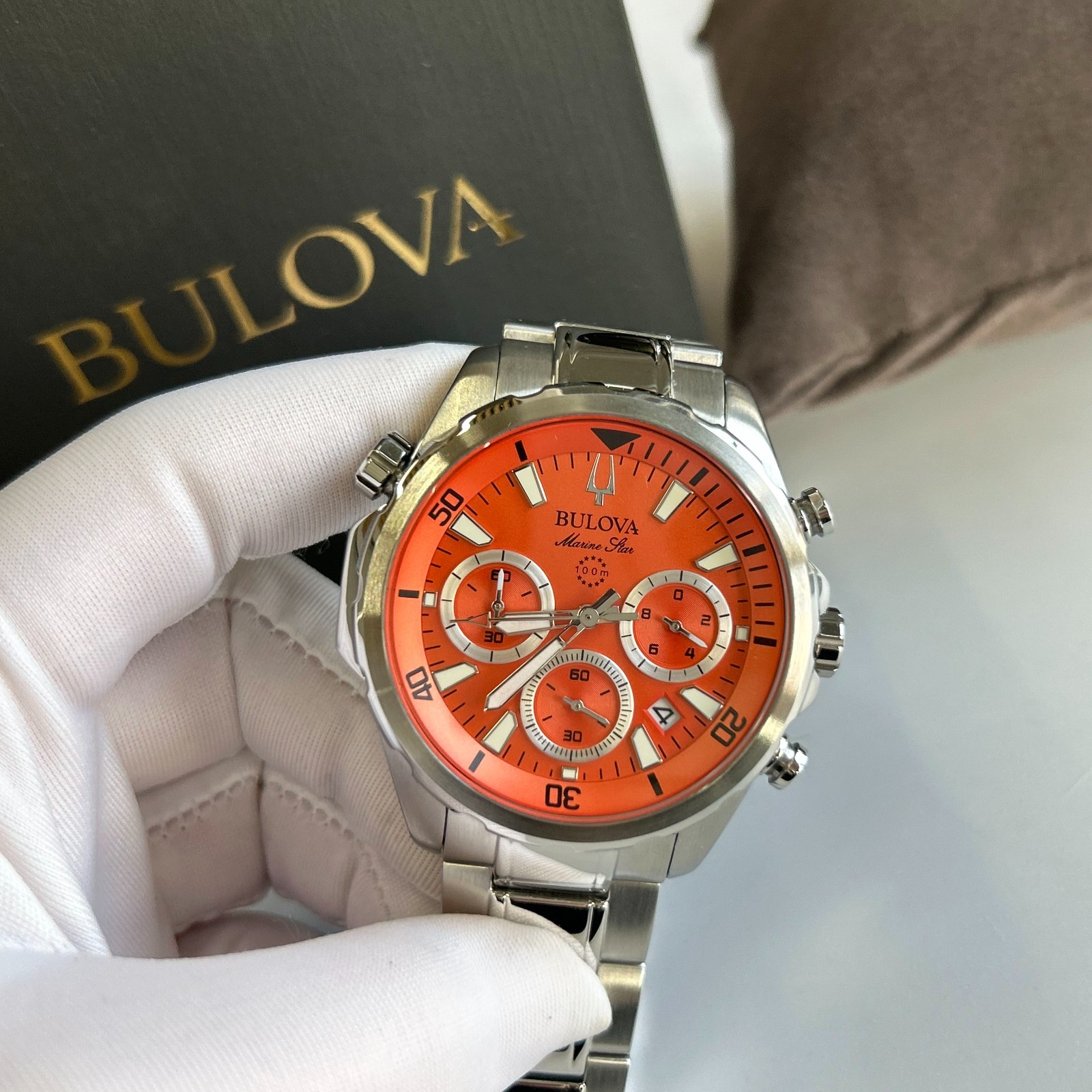 Bulova 96B395 Marine Star Orange Dial Men’s Chronograph Quartz Watch Stainless
