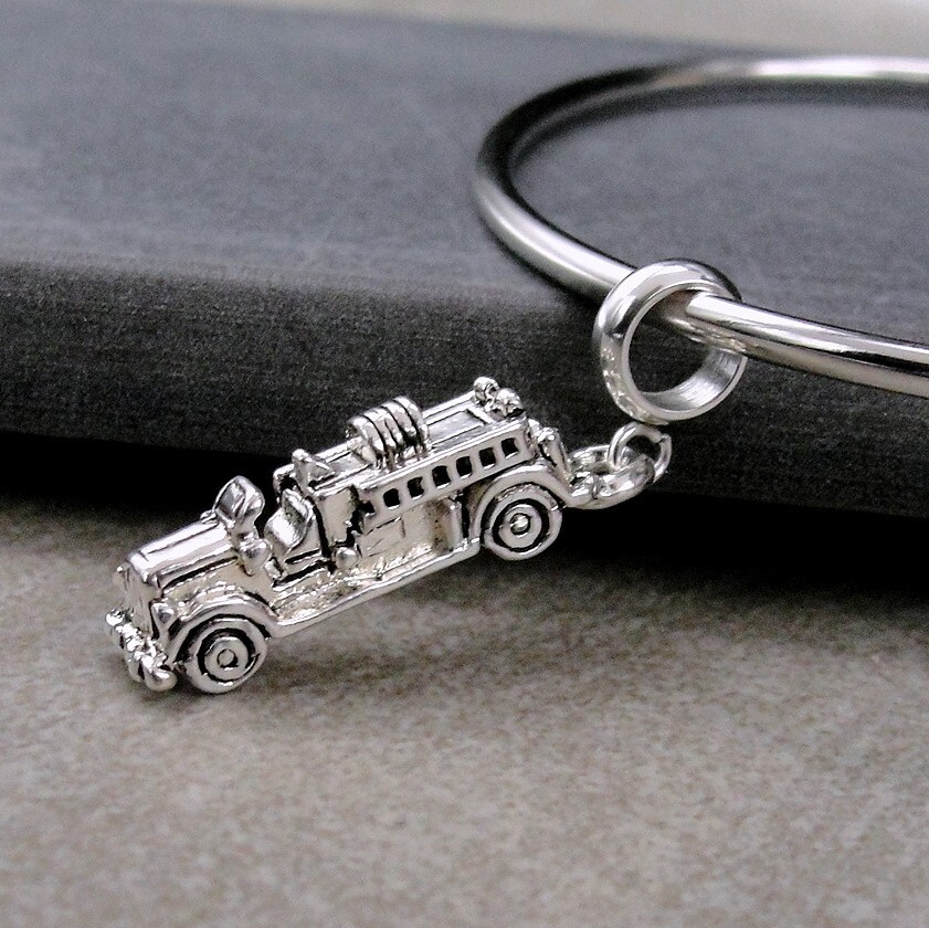 Silver Fire Engine Dangle Charm – 3D Fire Truck Charm fits European Bracelets