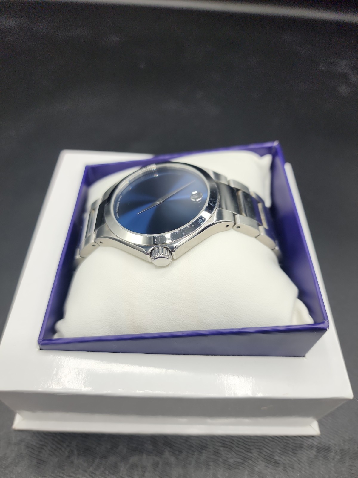 Movado Stainless Steel Defio Men’s Blue Museum Dial Dress Watch new battery