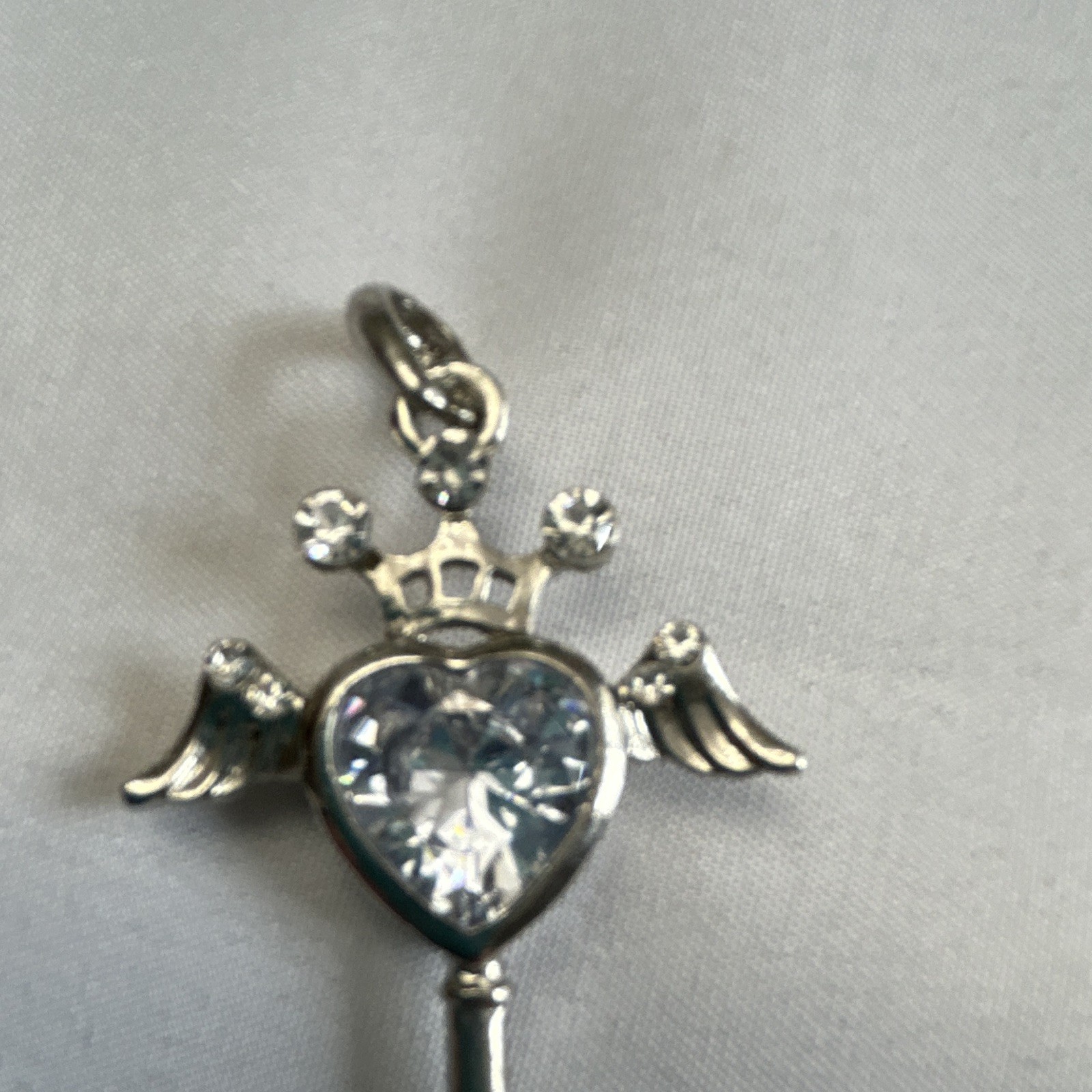 Silver Tone Angel Wing Key Charm Pendant Heart Clear Crystal Stone, Metal
