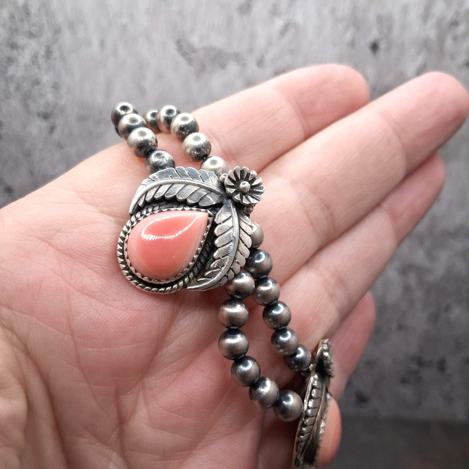 Pink Conch Lariat Necklace 5mm Navajo Pearls 50g Sterling Silver Southwestern