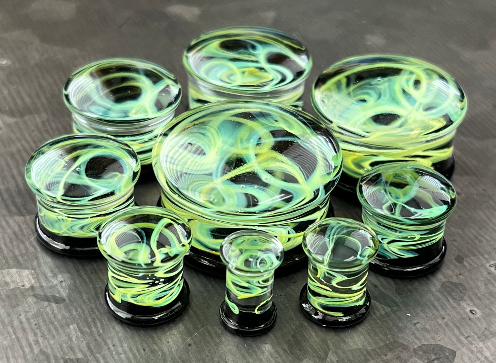 PAIR of Green Swirling Smoke Style Pyrex Glass Double Flare Plugs Body Jewelry
