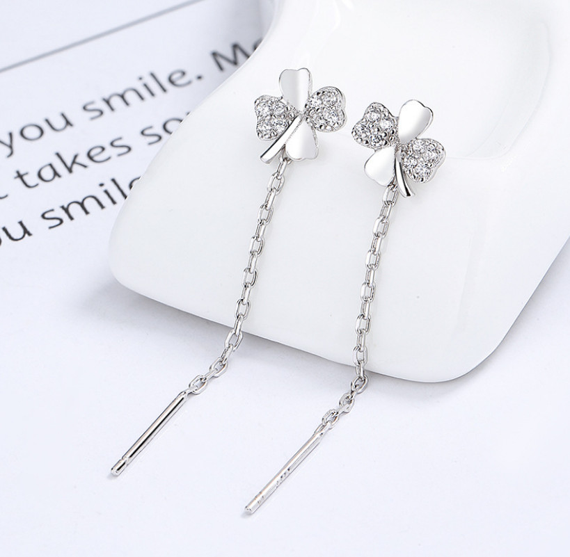 S925 Sterling Silver Clover CZ Dangle Pull Through Threader Stud Earrings PE36