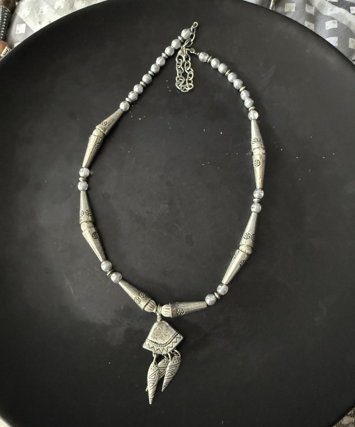 Silver Tone Metal Beaded Necklace with Charm Pendant, Lobster Clasp