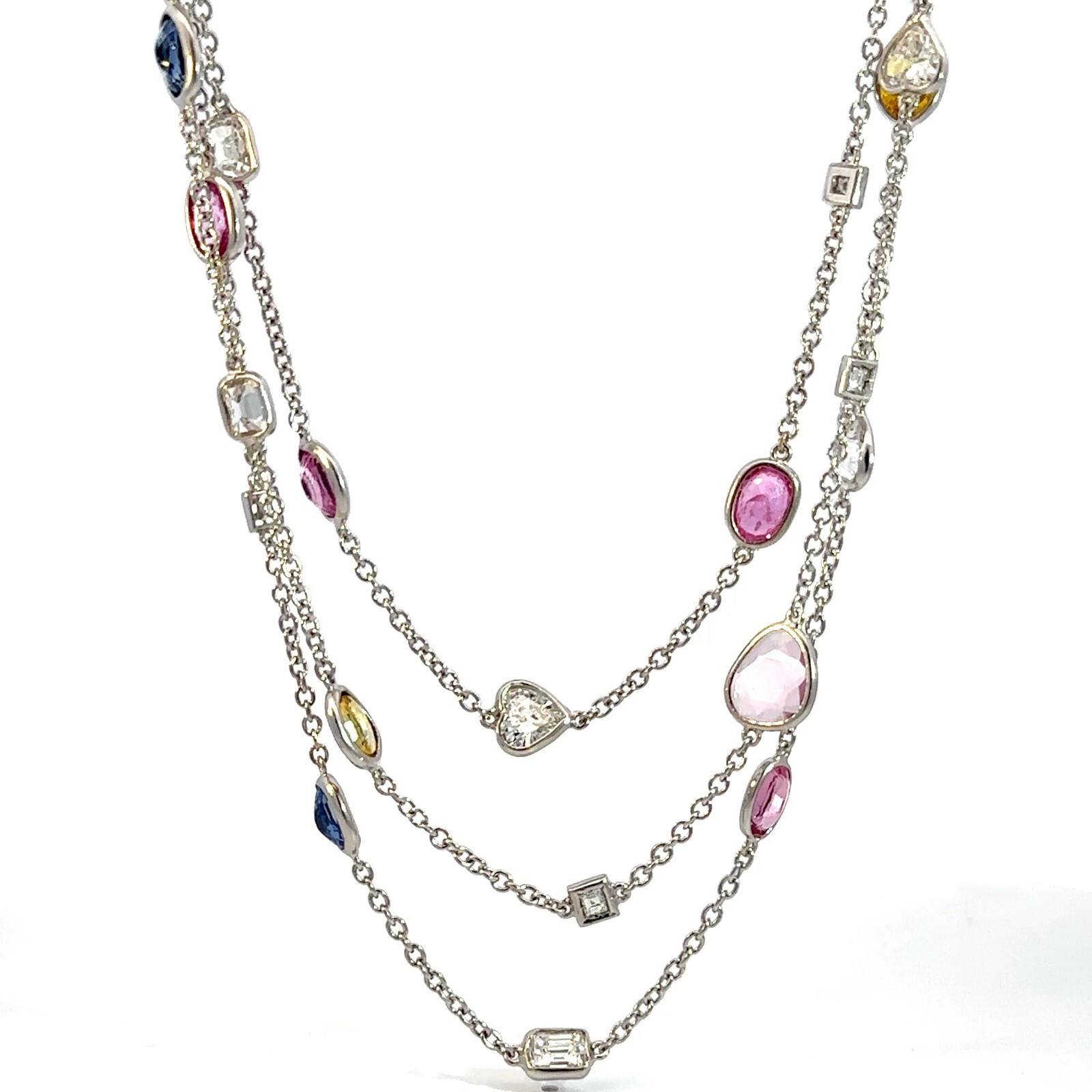 18K White Gold Fancy Cut Natural Diamonds & Multicolor Sapphire Necklace 64″