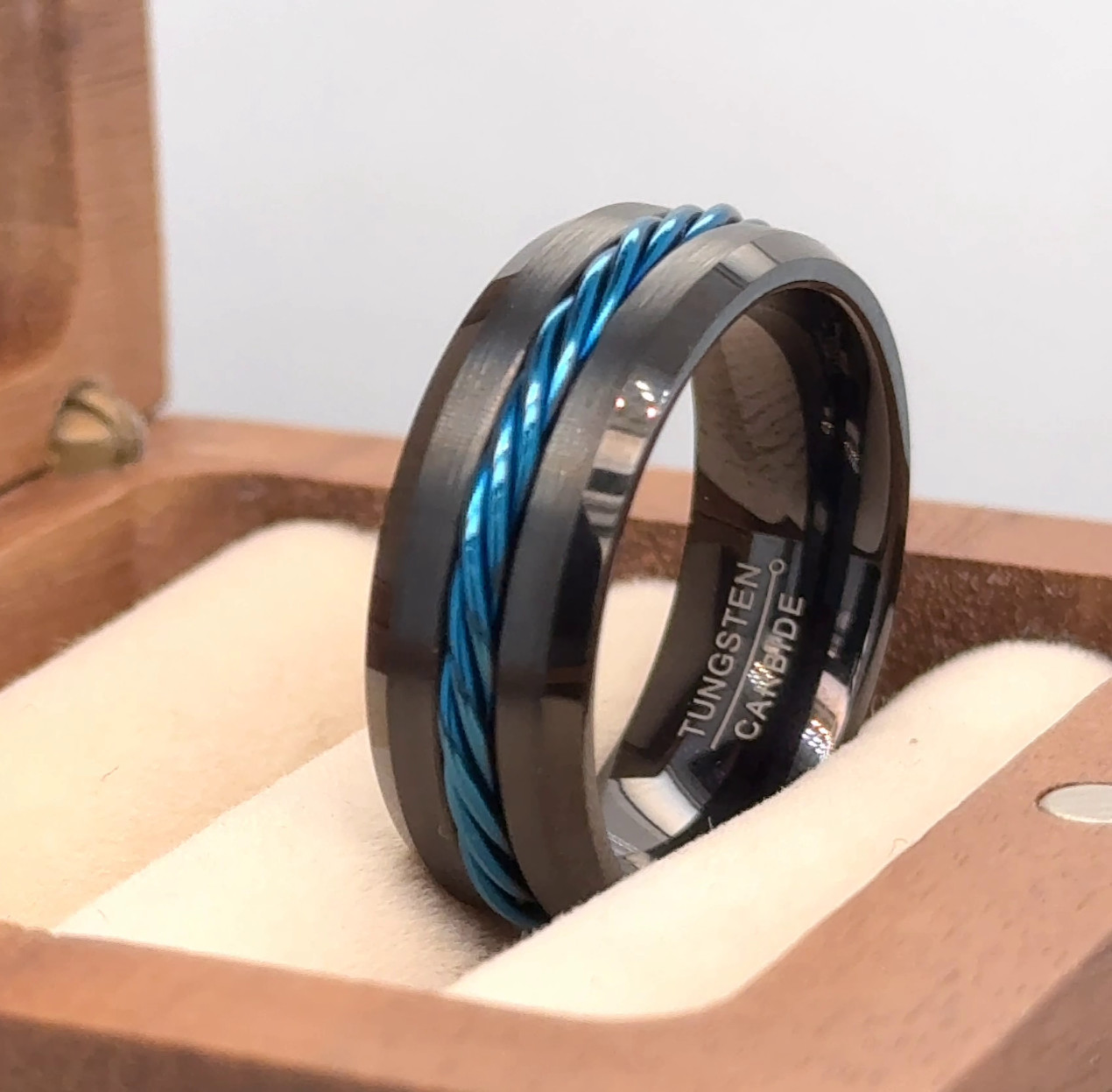 Modern Black Tungsten Wedding Band – Beveled Edge Design with Blue Twisted Inlay