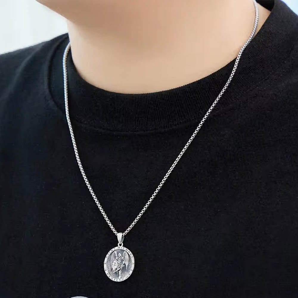 MLD 925 Sterling Silver Saint St Michael Medal Pendant Necklace w/ 22″ Box Chain