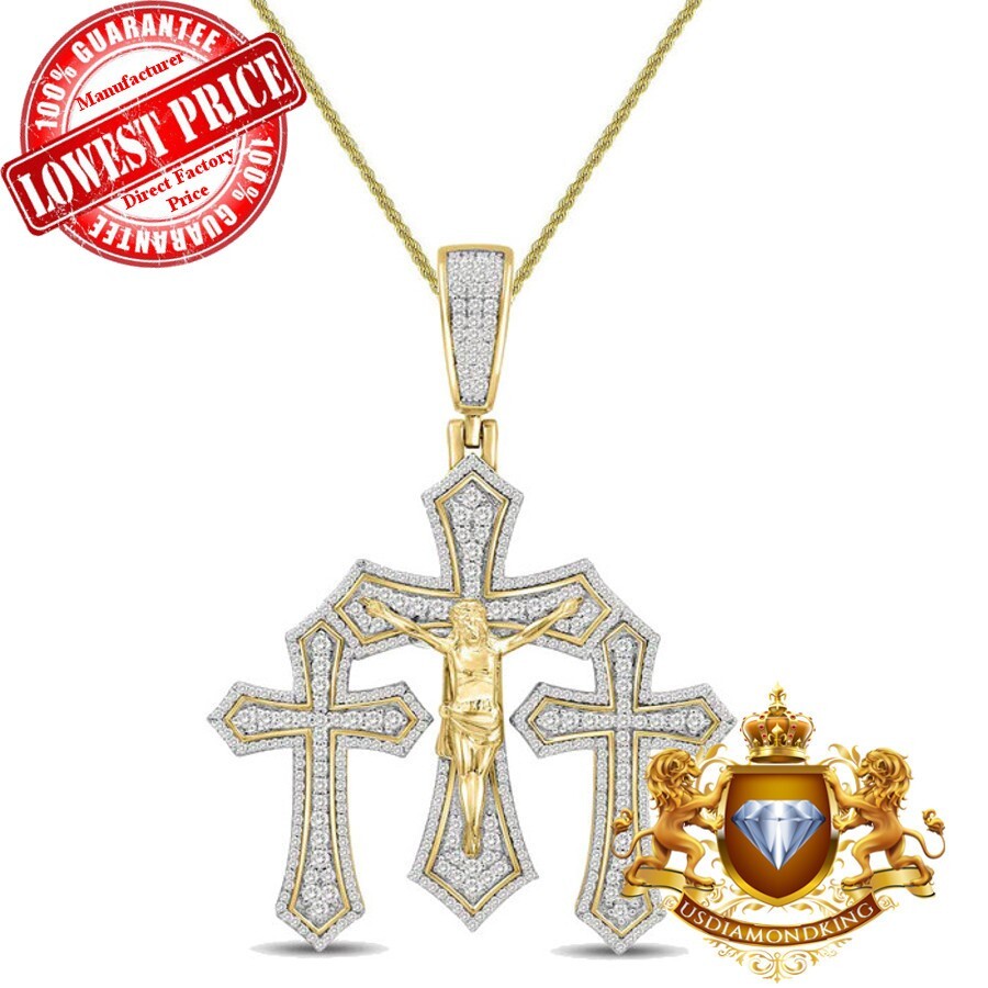 35+ Grams VVS1/D 4.55 Cwt. Moissanite Three Crosses Jesus Crucifix Charm Pendant