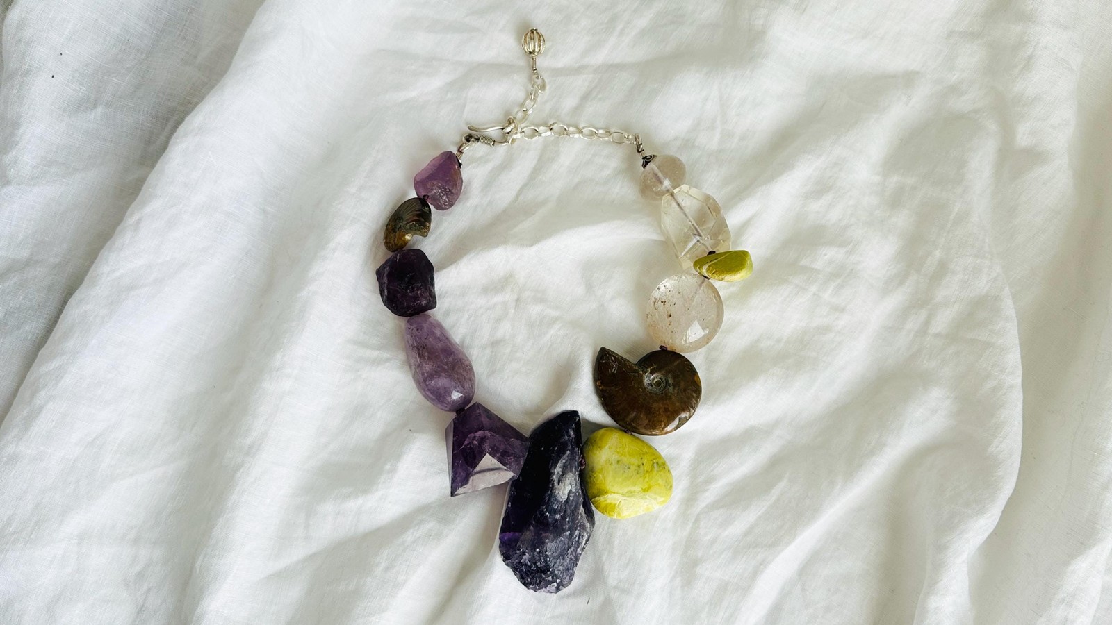 Amethyst, Ammonite & Gemstone Necklace.Handmade Designer Jewelry. Atelier Aadya.