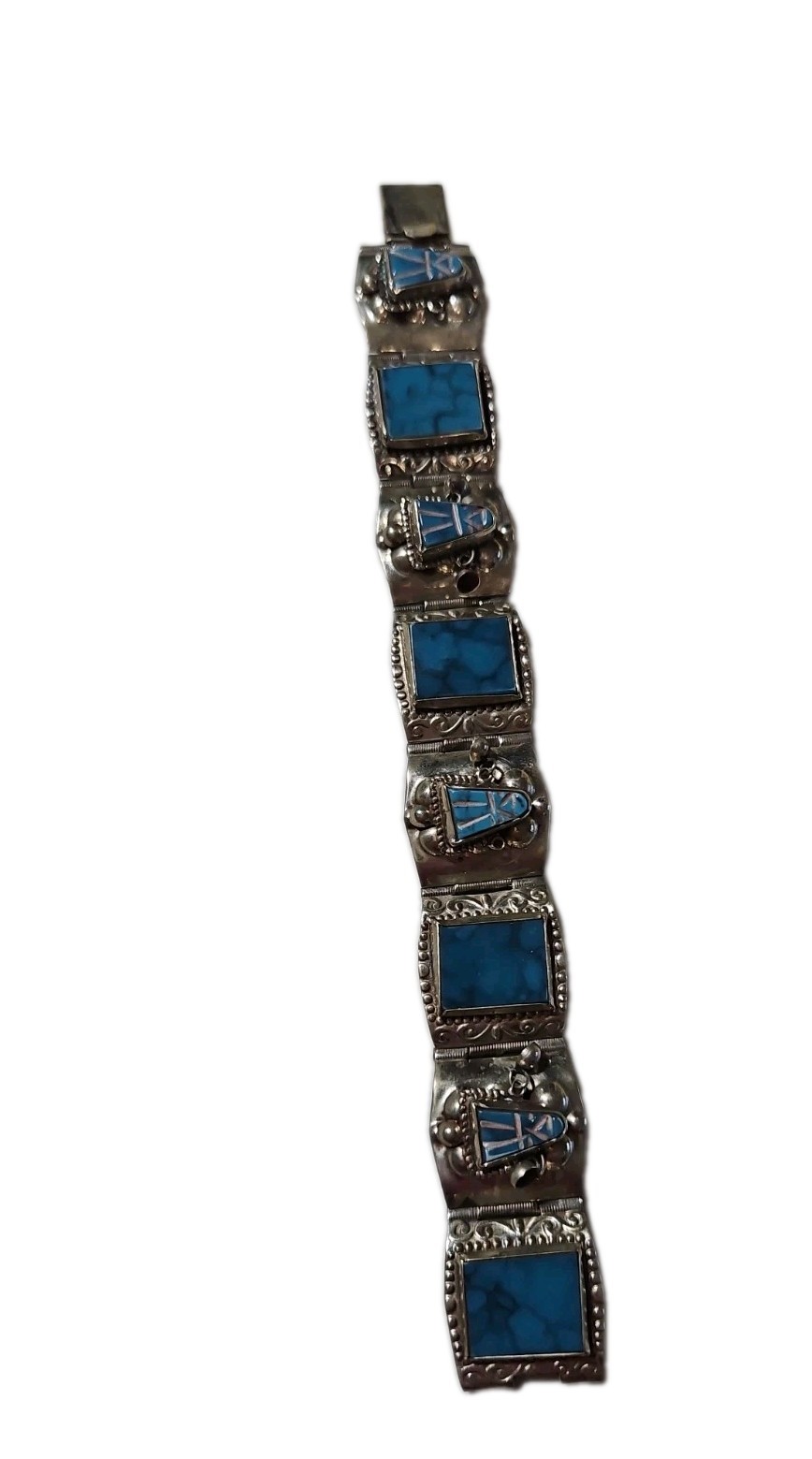 Vintage Silver & Turquoise Hecho En Mexico Taxco Alpaca Warrior Mask Bracelet 7”