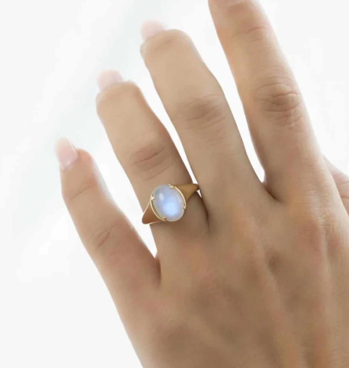 Natural Rainbow Moonstone Engagement Rings Oval Signet Ring 9k solid gold ring