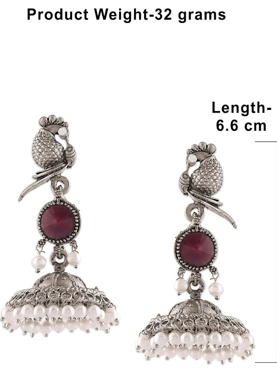 Ethnic Red Stone Dangle Drop Earrings Silver Tone Round Beads 6.6cm