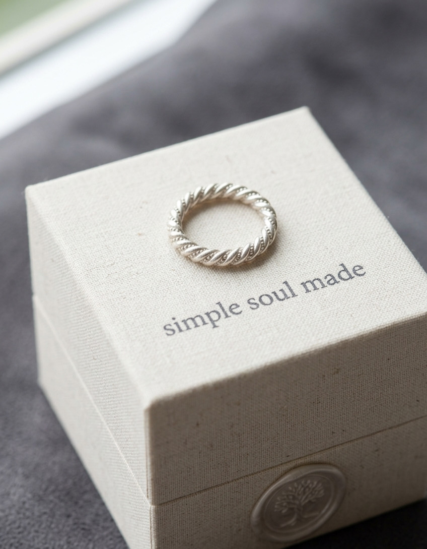 925 Silver Twisted Rope Ring, Beaded Edge Band, Handmade Unisex Silver Jewelry