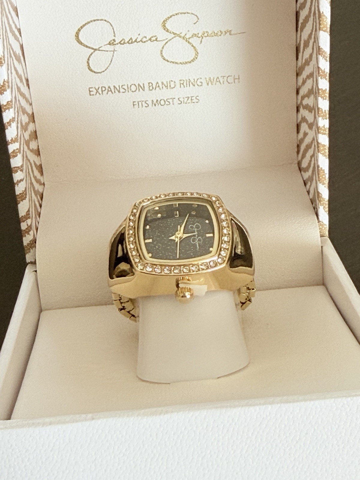 Jessica Simpson Gold Tone Stretch Fit Glitter Ring Watch Square Frame One Size