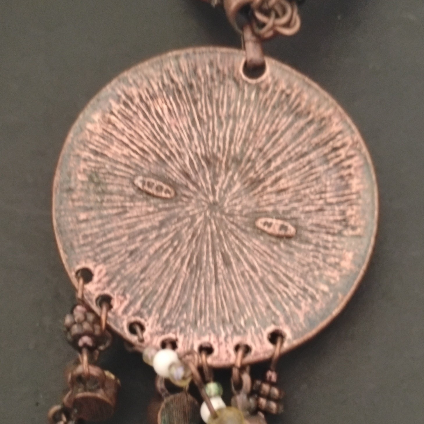 Copper Tone Bohemian Beaded Necklace Round Medal Pendant Dangle No Stone