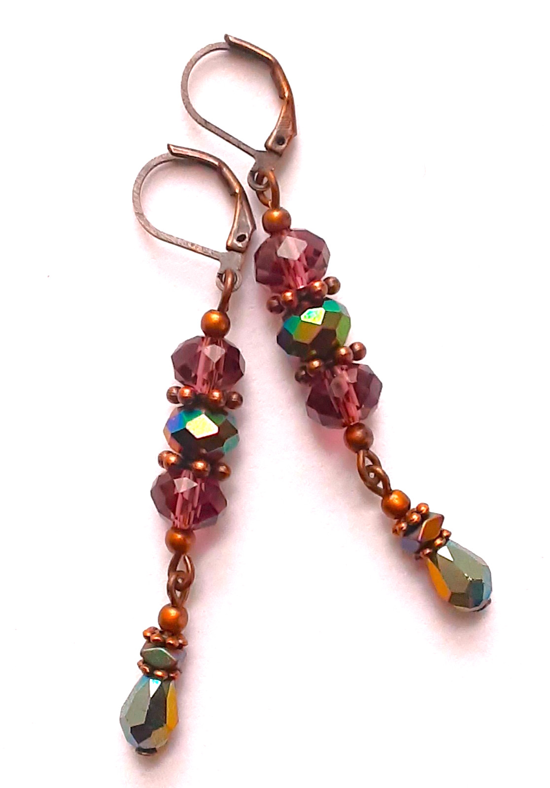 PLUM & RAINBOW crystal dangle COPPER earring LEVERBACK handmade #N25