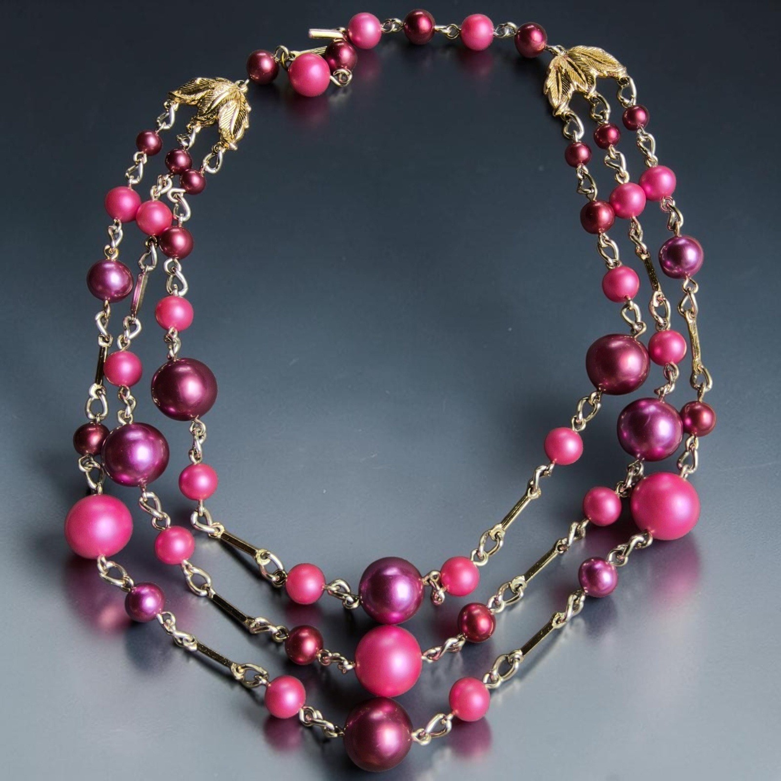 Vintage Japan 3 Strand Pink Plum Glass Bead Necklace Satin Gold Tone 14″-17″
