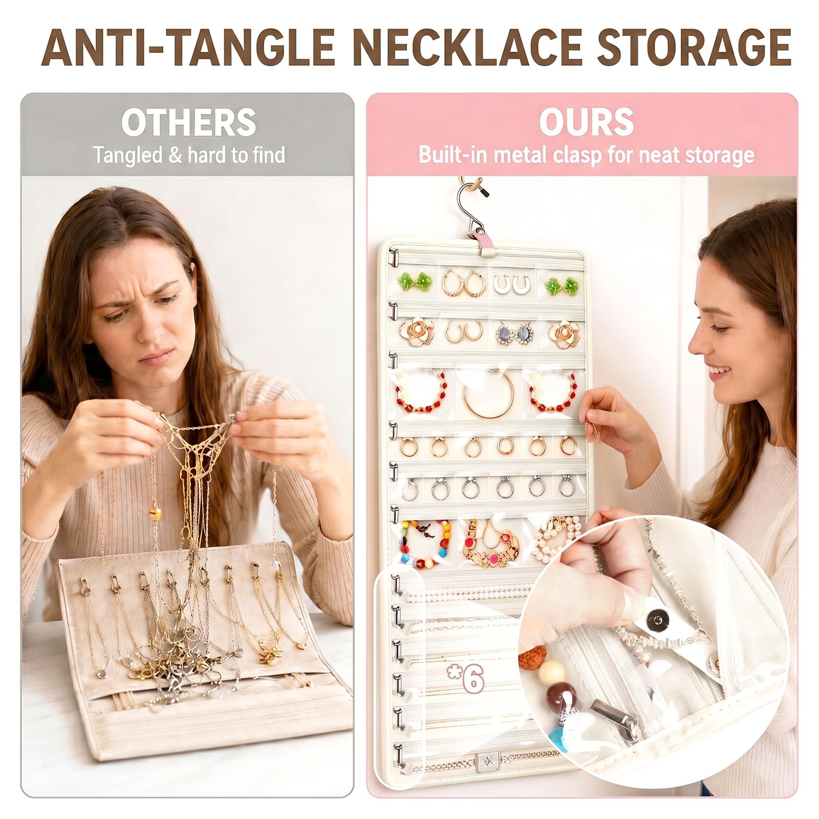 Steadtep 32-Pocket Hanging Jewelry Organizer and Foldable Travel Roll white