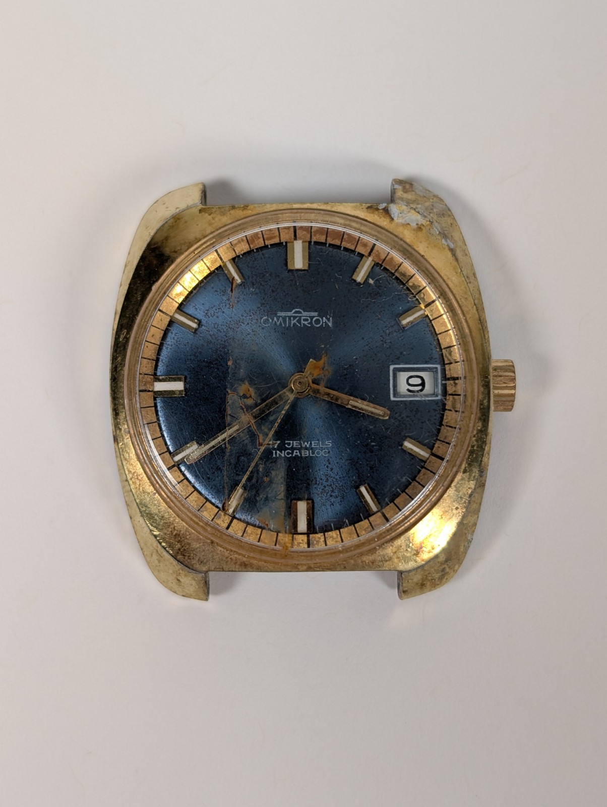 Vtg Omikron Swiss Watch 17J Incabloc Blue Dial 35.4mm Cushion Case REPAIR PARTS