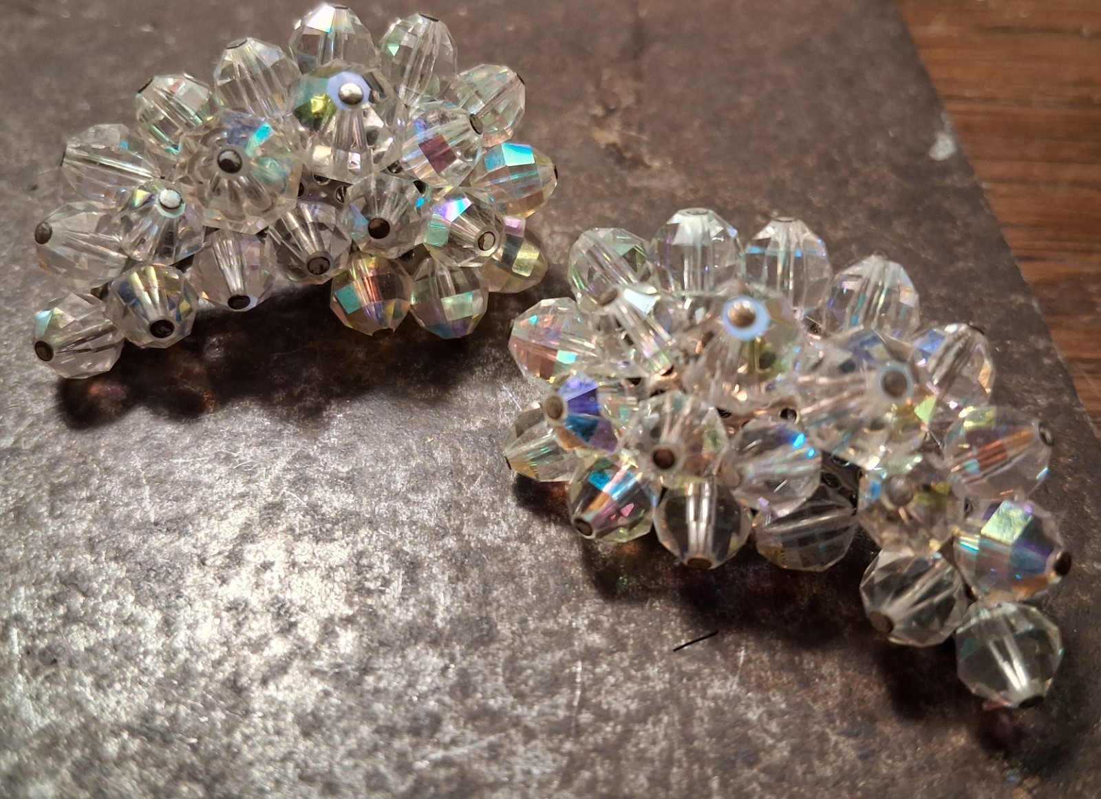 Vtg Crystal LAGUNA Clip Earring Cluster Aurora Borealis Bead Crescent Silvertone