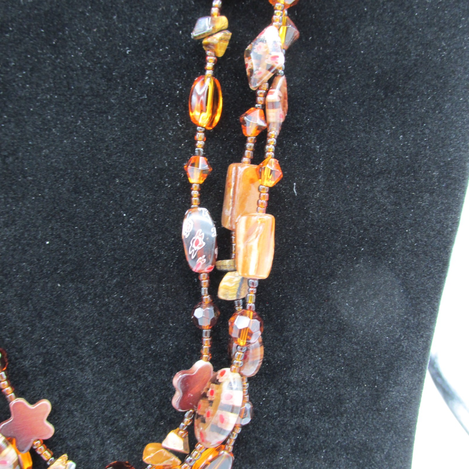 Triple Strand Necklace Amber Copper Brown Silver Tone Metal Lampwork Glass Bead