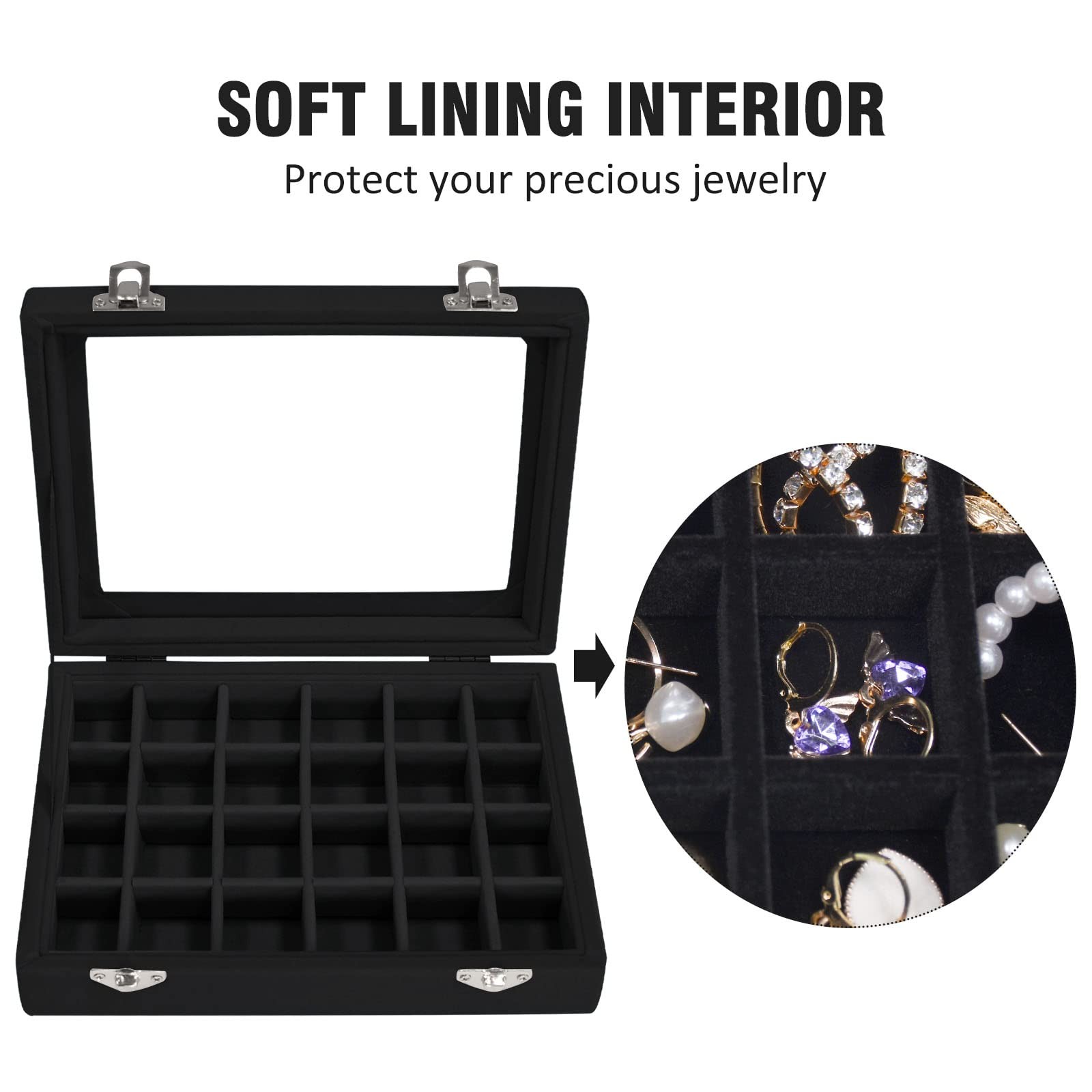 Vicoter Velvet Jewelry Box 24 Grid Ring Display 24 Grid, Black