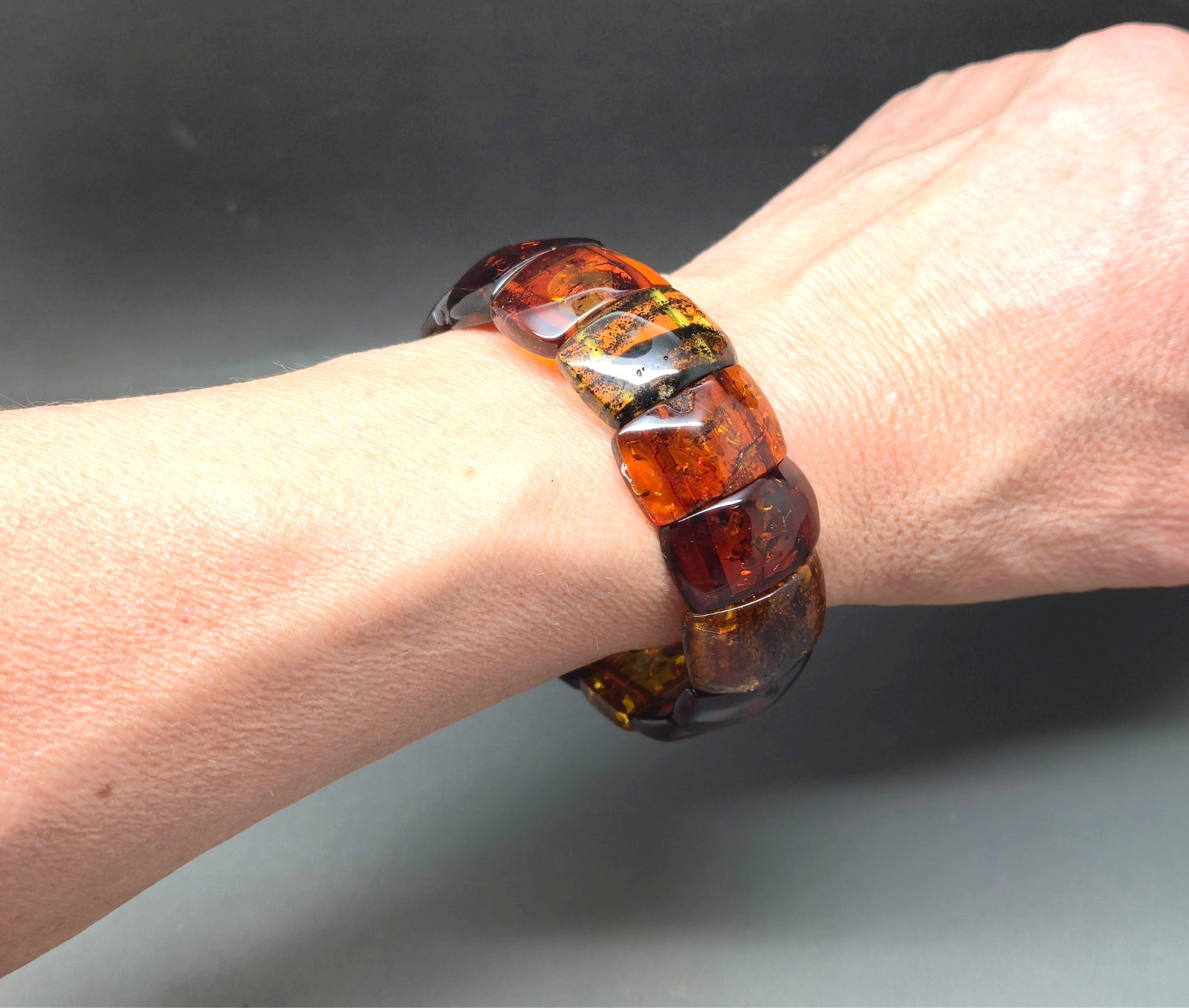 Genuine Baltic Amber Bracelet Cognac Rectangular Slice Beads Stretch Elastic