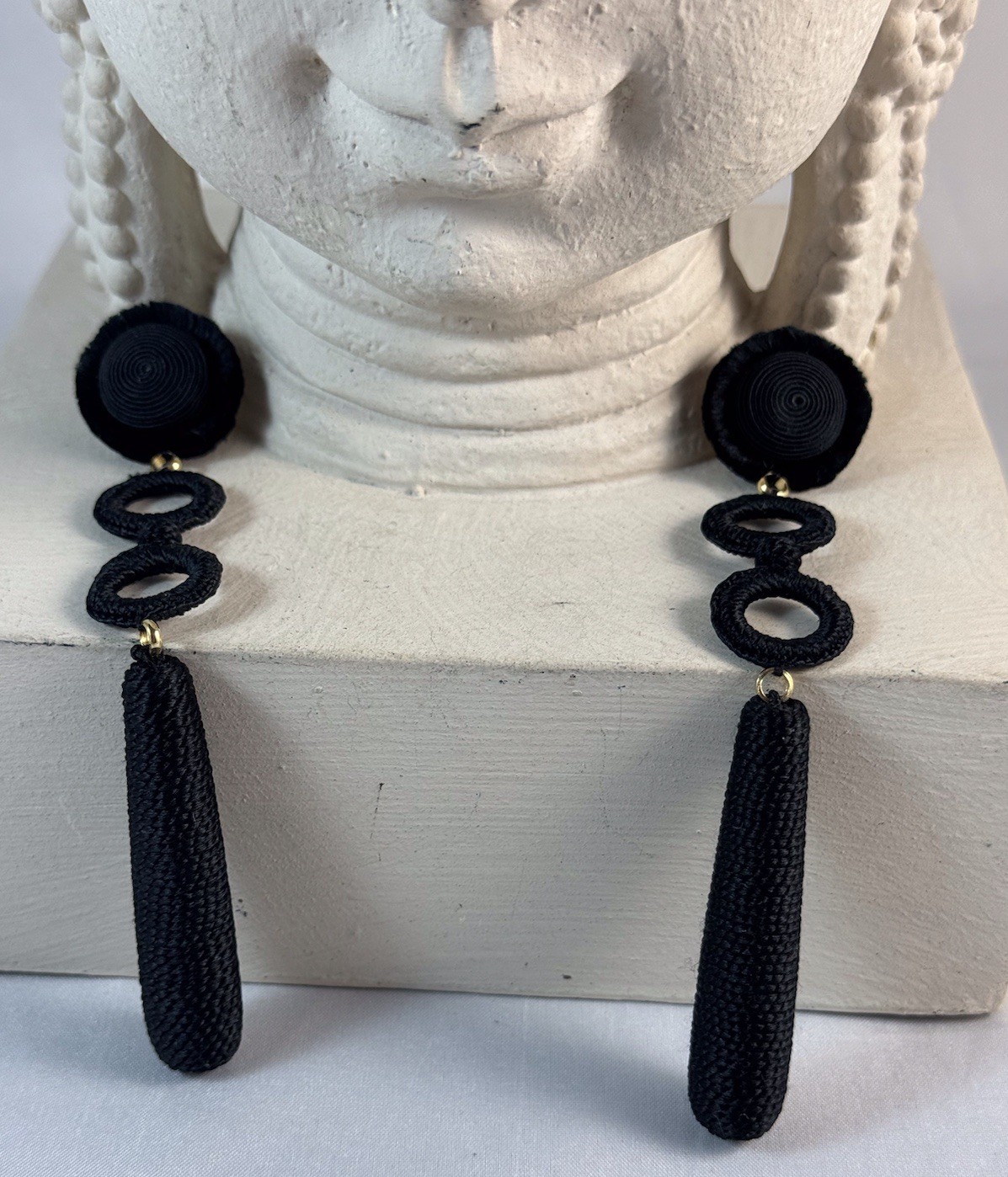 LEYLA GANS Gold Tone Amelie Wrapped Cord Drop Earrings ~ Black silk cord~Pierced