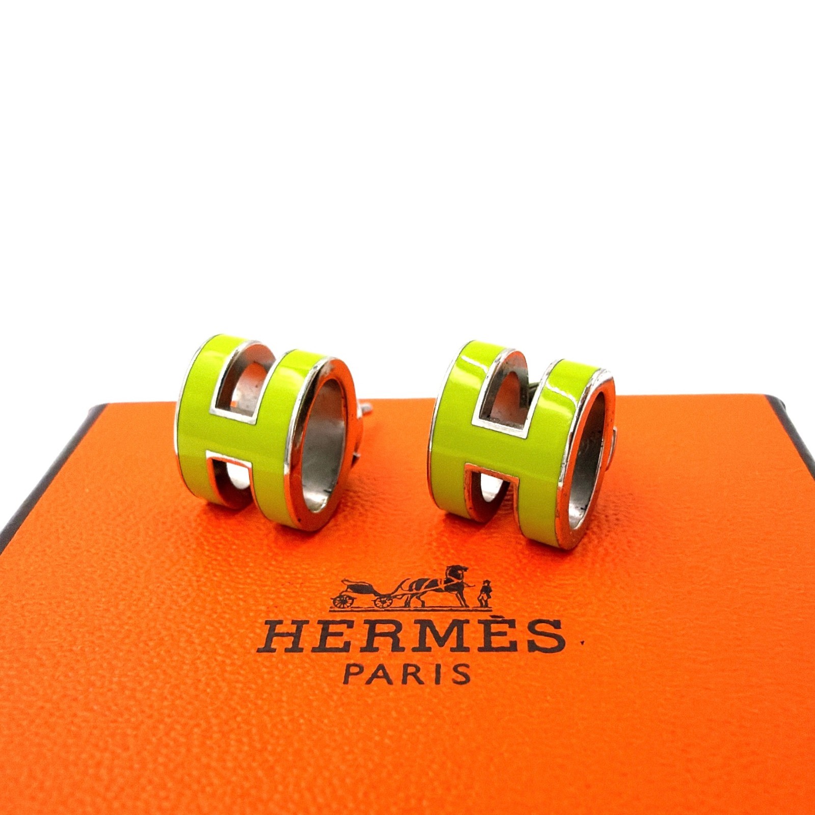 HERMES Mini Pop H Pierce Lime Green Enamel Silver Tone with Box Authentic