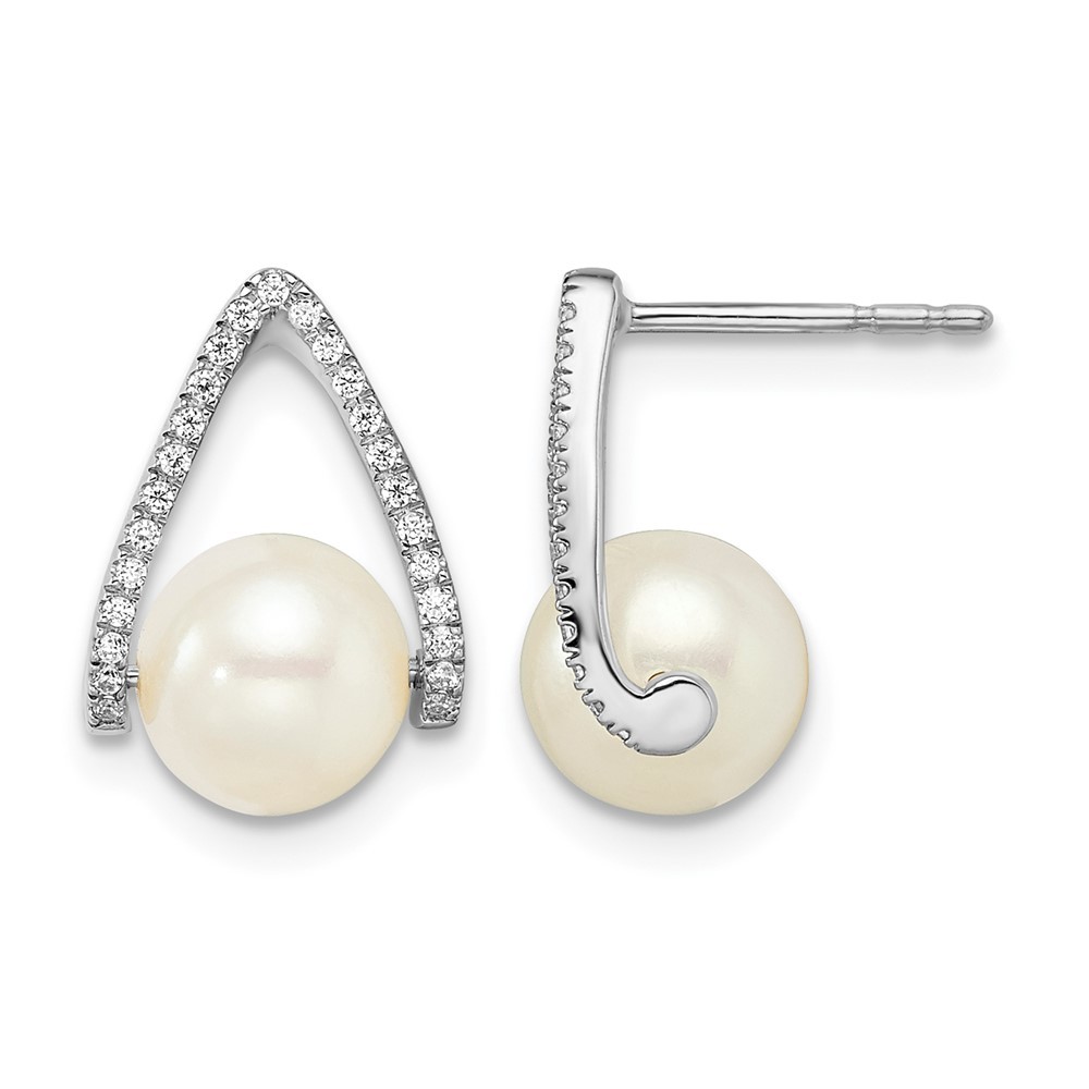 14k White Gold 6-7mm Button Freshwater Pearl and .15Ct Diamond Post Earrings