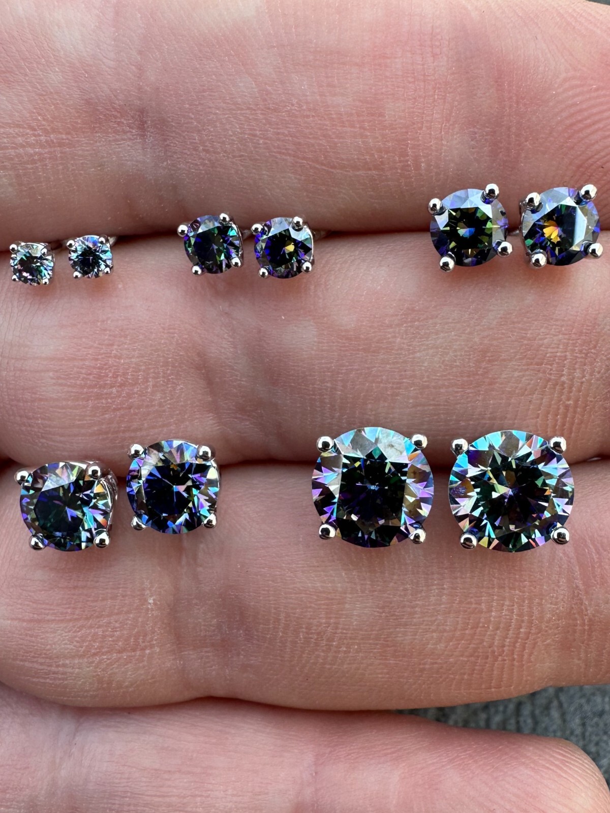 Real Dark Navy Blue Moissanite Screwback Stud Earrings 925 Silver 3-8mm Iced
