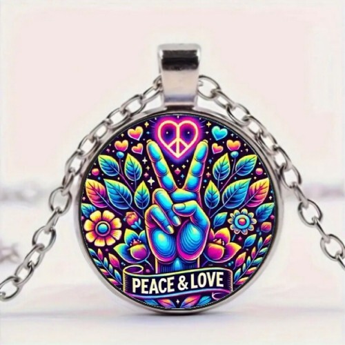 Peace and Love Retro Pattern Art Round Glass Pendant Necklace