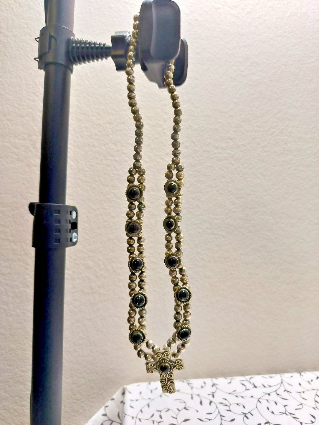 Silver Tone Cross Necklace Mexico Black Glass Cabochon Beaded Chain 20.5in