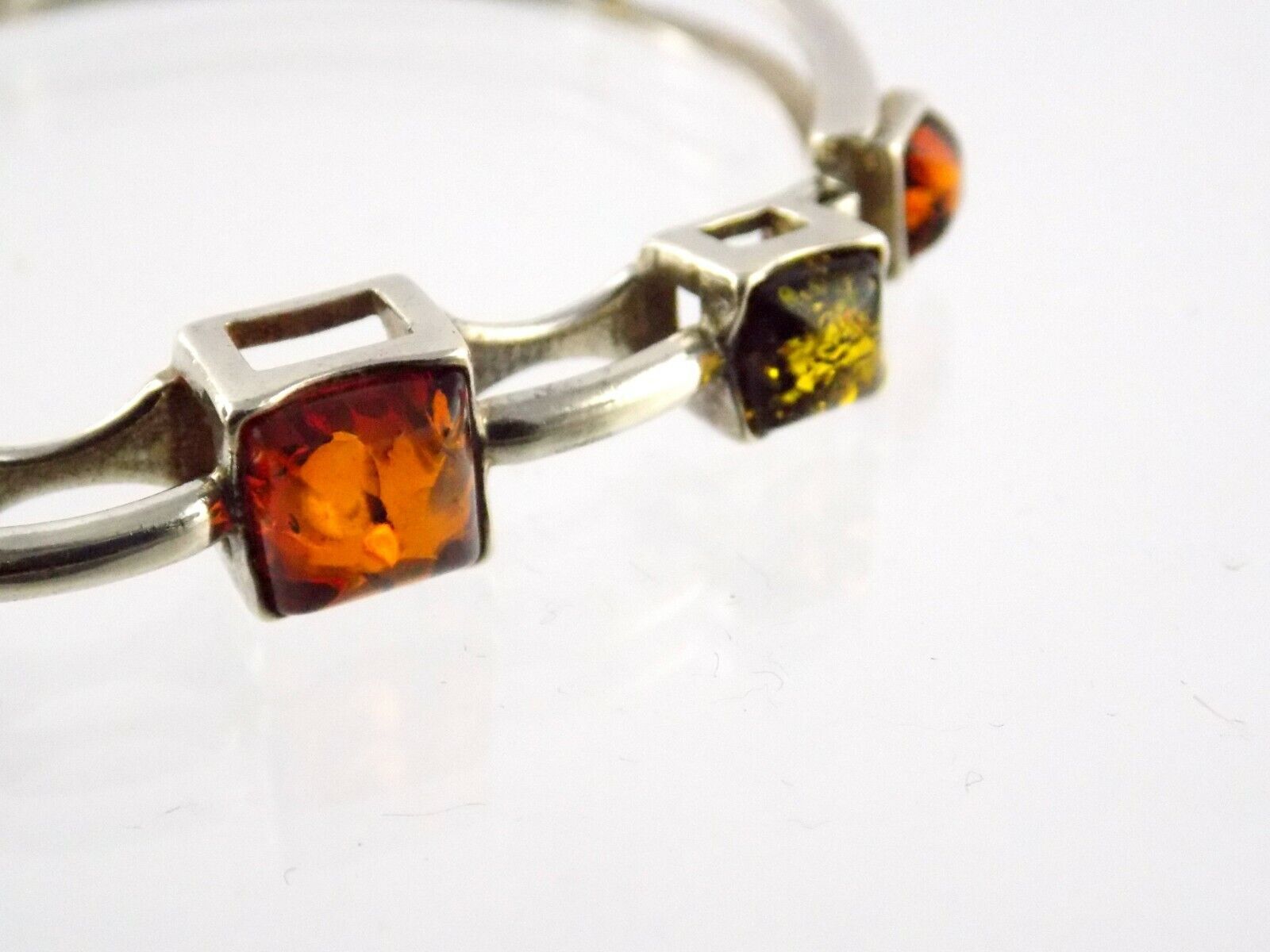 Sterling Silver Multi Color Amber Bangle Bracelet 925 7.75 In 13g Orange Green