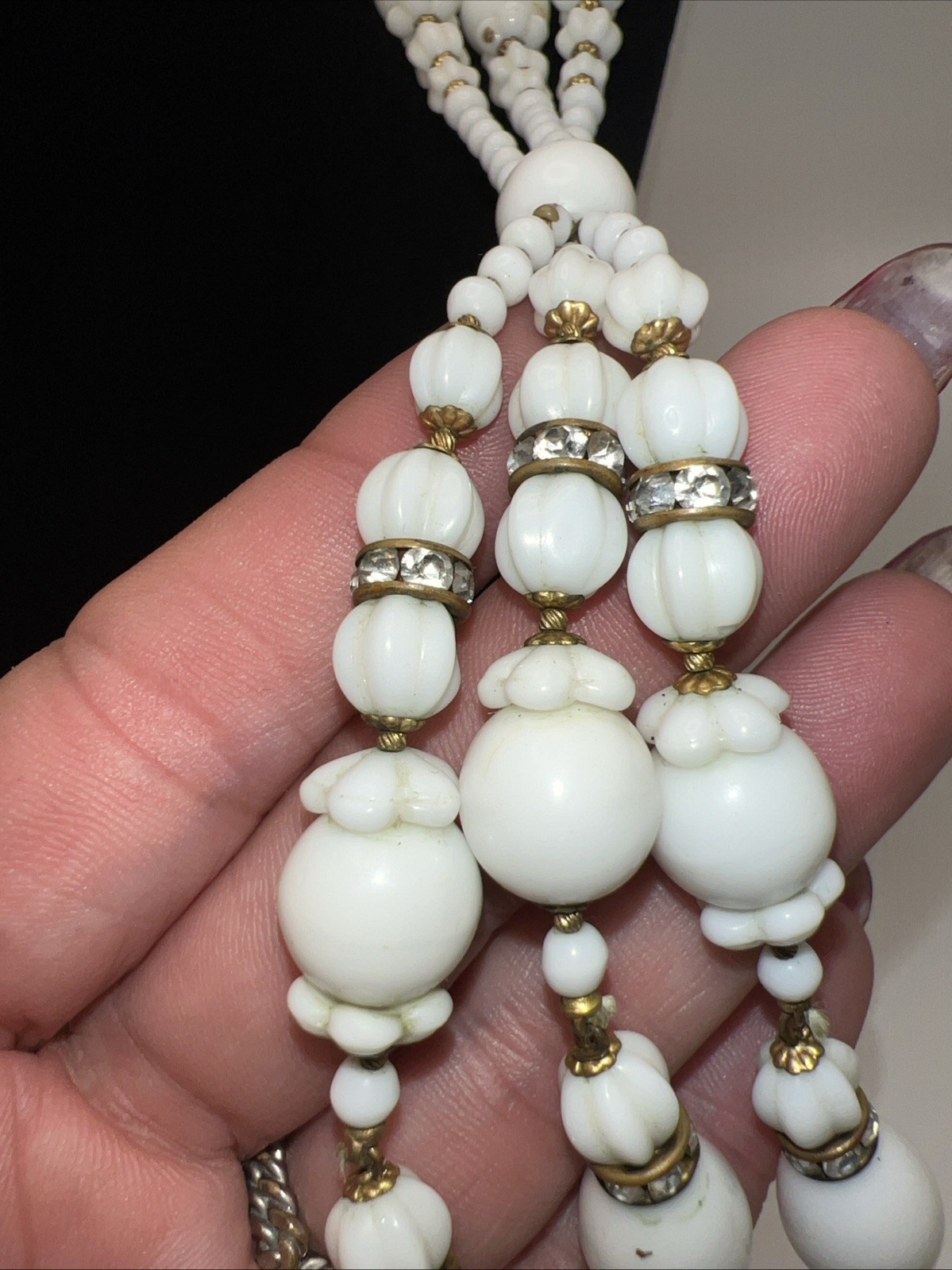 1930s 40s Milk Glass Lariat Necklace Rhinestone Multi Strand Art Deco 34”